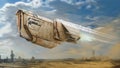 Digital painting of a rusty space ship flying through a desert with a nearby alien city in the background - fantasy 3d Royalty Free Stock Photo