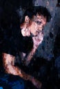 Digital painting of sad man thinking something in bed room, illustration of depression of people, smoking man in dark tone