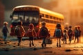 Digital painting of a schoolboy sitting on a school bus with his friends, Children or schoolchildren on a blurred background of Royalty Free Stock Photo