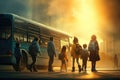 Digital painting of a schoolboy sitting on a school bus with his friends, Children or schoolchildren on a blurred background of Royalty Free Stock Photo