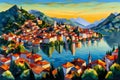 Digital painting of a small town on the shore of Lake Bled, Slovenia