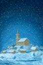 Digital Painting of Snowy Christmas Winter Village with Small Church on the Hill Royalty Free Stock Photo