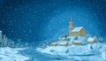 Digital Painting of Snowy Christmas Winter Village with Small Church on the Hill