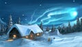 Digital Painting of Snowy Winter Christmas Night Cottage