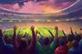 a digital painting of soccer fans cheering their team at a crowded stadium during an evening match