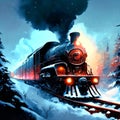 Digital painting of a steam locomotive in the winter forest. 3D illustration AI Generated Royalty Free Stock Photo