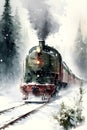 Digital painting of a steam locomotive in the winter forest. Vintage illustration Royalty Free Stock Photo