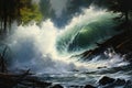 Digital painting of a stormy ocean wave crashing on the rocks, impressionism painting of tidal wave and woodland colliding in