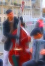 Digital painting style representing a duo of musicians playing in the street