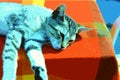 Digital painting style representing a young gray brindle cat resting on a table in the sun