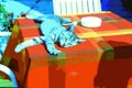 Digital painting style representing a young gray brindle cat resting on a table in the sun