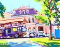 Digital painting of sunny day in the city, summer contemporary a