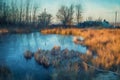 Digital painting of a sunrise on a frozen pond on Wetley Moor, Staffordshire, UK