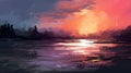 Digital Painting Of Sunrise Over Water: Lively Nature Scenes And Decaying Landscapes