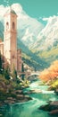 Digital Painting Of A Tower By A River With Mountainous Vistas
