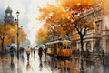 Digital painting of a train in Paris, France on a rainy day AI Generated Generative AI Royalty Free Stock Photo