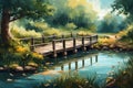 A digital painting of a tranquil riverside, with a wooden footbridge over calm waters Royalty Free Stock Photo