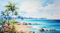 Digital painting of a tropical beach with palm trees and flowers in the foreground Royalty Free Stock Photo