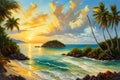 Digital painting of a tropical beach with palm trees at sunset, Seychelles