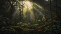 Digital painting of a tropical rainforest with sun rays shining through the trees Royalty Free Stock Photo