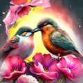 Digital painting of two birds sitting on a branch of blooming pink flowers Generative AI
