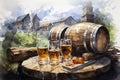 Digital painting of two glasses of whiskey on the table in front of old wooden castle