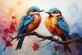 Digital painting of two kingfishers sitting on a branch in autumn generative AI Generative AI