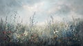 Digital painting of wildflowers in meadow with cloudy sky, Generative AI illustrations