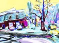 Digital painting of winter magic village landscape, contemporary