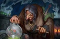 Digital painting of a witch character gathering a frog for ingredients to make a potion - fantasy illustration