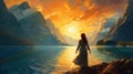 Digital Painting Of Woman Gazing At Sunset Over Lake And Mountains Royalty Free Stock Photo