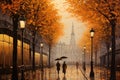 Digital painting of a young woman walking in the street in Paris, France, A painting of a Paris street in autumn with a man