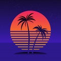 Digital palm tree on a cyber ocean in the computer world. Retro futuristic background 1980s style. Palm trees on the background of