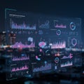 Digital panel displaying data visualizations over a blurred urban nightscape. Multiple Royalty Free Stock Photo