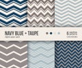 Digital paper pack, 6 classic chevron patterns in navy blue and taupe