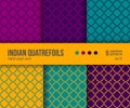 Digital paper pack, 6 traditional Quatrefoil patterns in bright colors - hot yellow, purple, teal