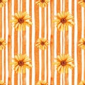 Digital paper seamless pattern with with medicinal calendula flower on a striped background. Hand watercolor Royalty Free Stock Photo