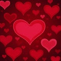 A digital pattern composed of various sizes of red hearts on a deep red background. Royalty Free Stock Photo