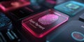 Digital payment authentication fingerprint hologram, futuristic technology, glowing vibrant color