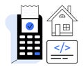 Digital Payment Terminal, House Icon, and Coding Tag Online Transactions and Technology Integration Royalty Free Stock Photo