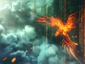 Digital Phoenix Soaring Above Abstract Background - Fiery Flight Artwork