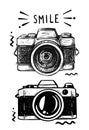 Digital photo camera drawn in sketch on white background