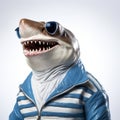 Funny Animatronic Shark In Blue And White Jacket Royalty Free Stock Photo