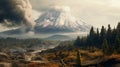 Digital Photo Of Volcano And Forest: Matte Painting Style