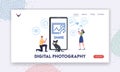 Digital Photography Landing Page Template. Man Shooting Pet on Smartphone, Woman Making Selfie. People Sharing Photo