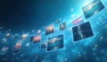 Digital photos float in blue sky. Image features nature like seascapes, ocean, landscape. Abstract network with data transfer, Royalty Free Stock Photo