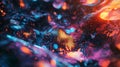 A digital piece showcasing abstract 3D shapes with holographic patterns, set against a dark, cosmic background