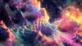 A digital piece showcasing abstract 3D shapes with holographic patterns, set against a dark, cosmic background