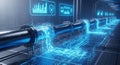 Digital Pipeline Flow Visualization with Futuristic Interface in a Tunnel Environment Showcasing Data Stream and Technology Royalty Free Stock Photo