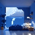 Digital pixelated image of a room with a blue sofa, a coffee table and a laptop Generative AI